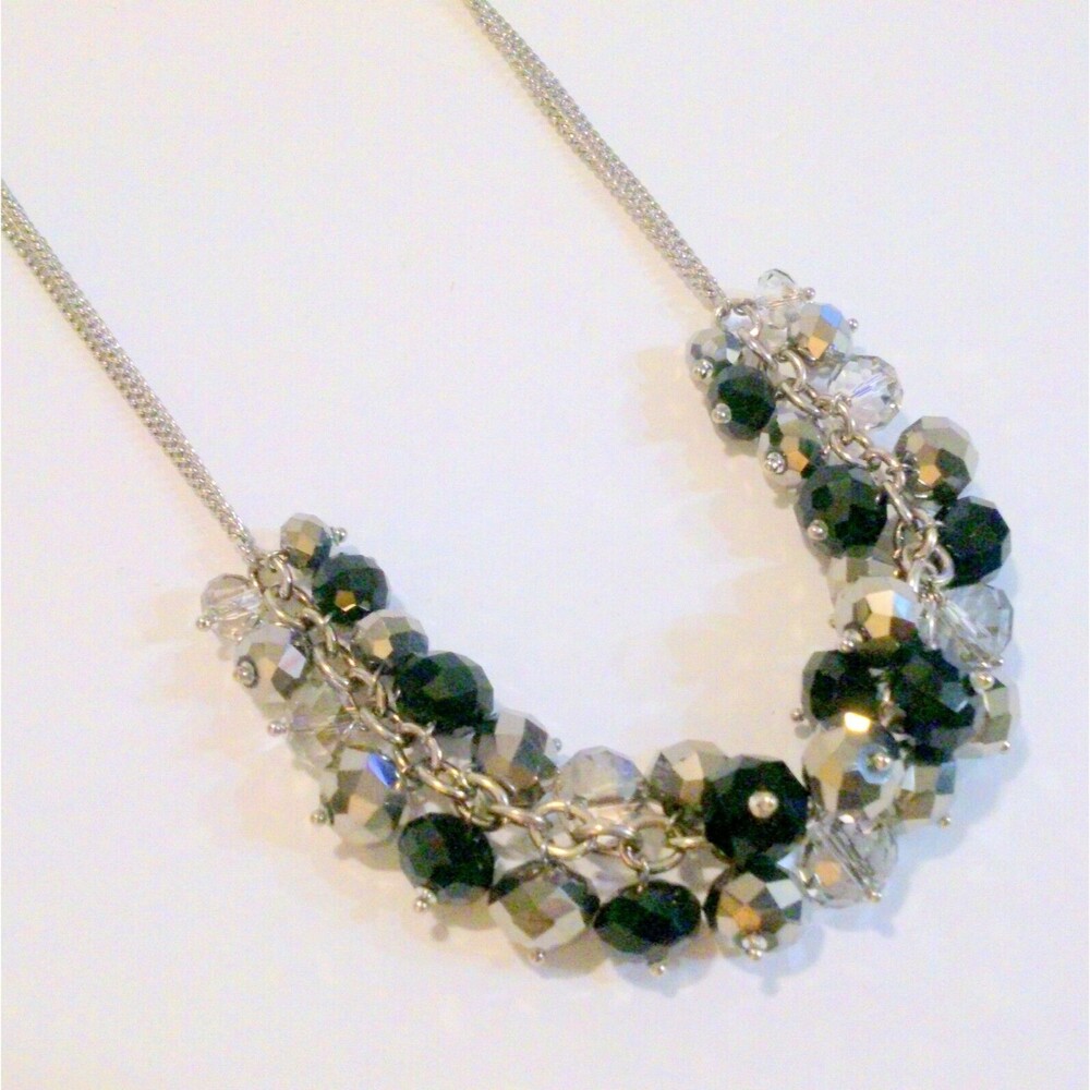 Ali Khan New York Silver Tone Black Crystal Cluster Necklace NWT